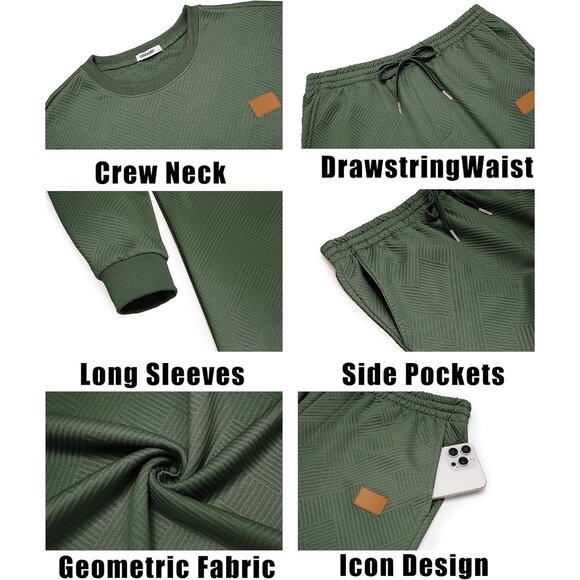 Men's 2 Piece Sweat suit Jogging Suit Sets Long Sleeve Jacquard Shirt Army Green - Picture 5 of 5